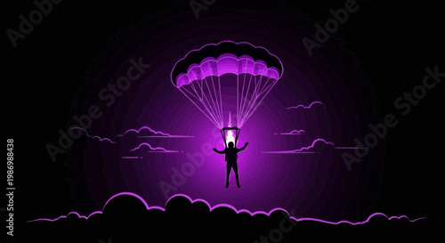 Parachutist Descends Through Neon Purple Clouds A Dramatic Descent