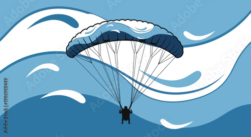 Parachutist Descends Through Abstract Blue Waves