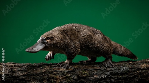 A detailed shot of a platypus walking along a textured wooden log.