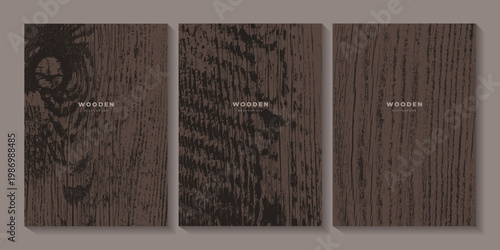 Set of grunge wood textures. Dark wood grain. Natural wood structure. Eco concept background. Business card with tree pattern. Stamp of tree trunk in section. Templates with wooden concentric circles