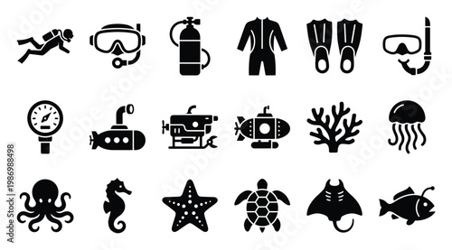 Scuba diving equipment and marine life black icons for ocean exploration graphic projects and web applications