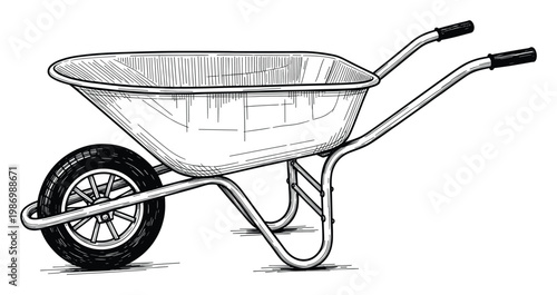 Black and white line drawing of a wheelbarrow used for gardening or construction projects