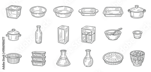 Collection of kitchen and food storage containers, baking dishes, and bottles for culinary themed designs.