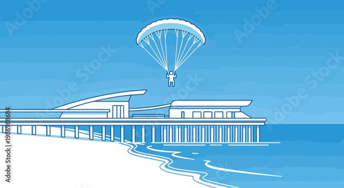 Paraglider Descends Gracefully Above Coastal Pier