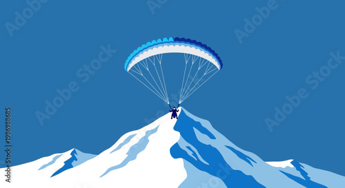Paraglider Descends From Snowy Mountain Peak Blue Sky Adventure