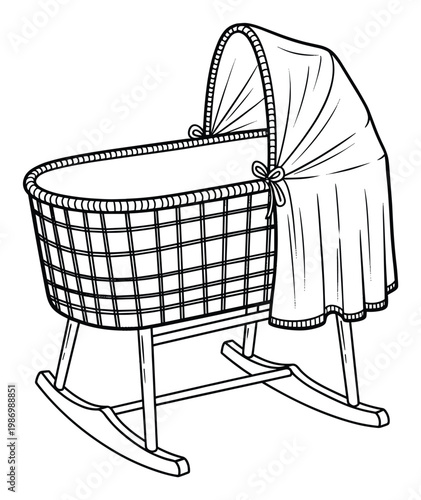 Classic baby cradle with rocking stand and protective canopy ideal for newborn nursery design or childrens book illustrations