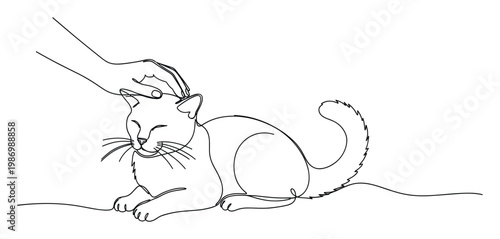 One line drawing of a human hand gently petting a cat, ideal for pet affection and animal companion themes.