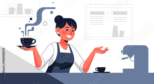 A smiling woman serving coffee with steam.