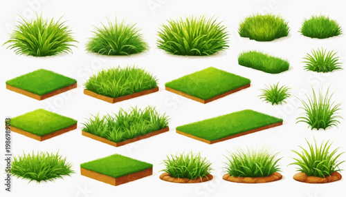 Lush green grass patches vector set, isolated on white background.
 