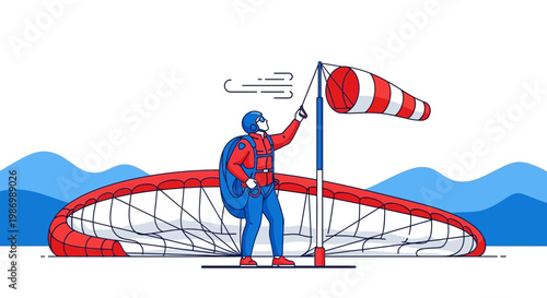 Paraglider Prepares For Flight Checking Wind Sock And Parachute Ready