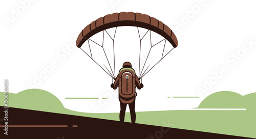 Paraglider Prepares For Flight With Open Canopy And Backpack