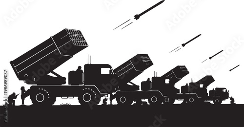 Military missile launchers, rocket silhouettes, black vector graphics, warfare icons, defense illustrations