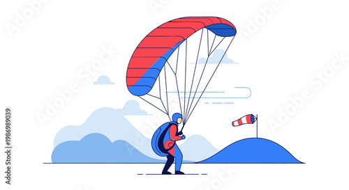 Paraglider Prepares For Takeoff Against Scenic Mountain Backdrop