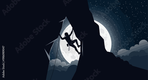 Night Climber Silhouetted Against A Full Moon Ascending Rocky Peak