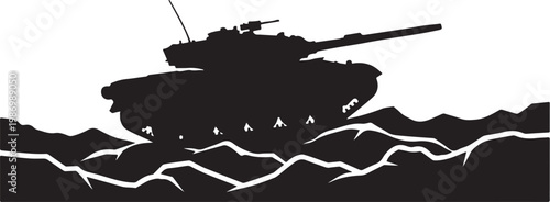 Military tank silhouette, combat vehicle icon, black warfare symbol, armored battle illustration