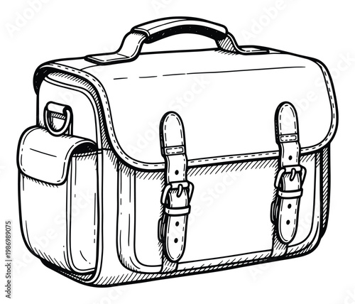 Monochrome sketch of a school satchel featuring buckle closures and a top handle for educational resources