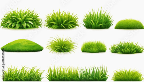 Lush green grass patches vector set, isolated on white background.
 