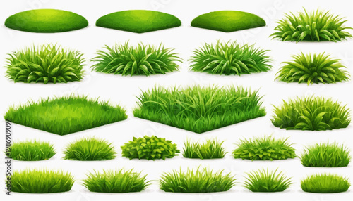 Lush green grass patches vector set, isolated on white background.
 