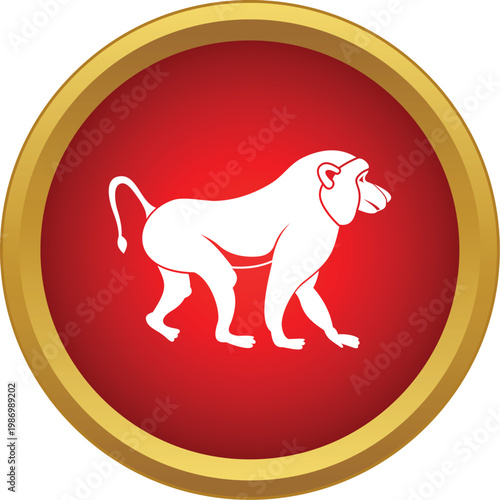 Baboon icon silhouette walking on red circular background with gold frame