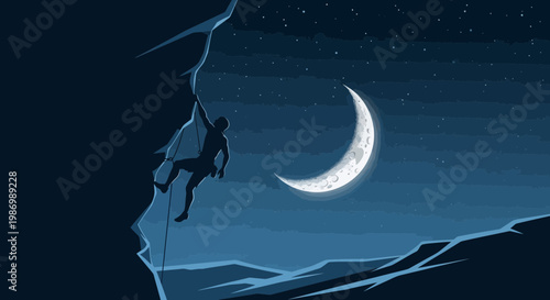 Nighttime Ascent Under A Crescent Moon