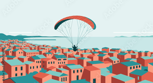 Paraglider Soaring Above Coastal Townscape