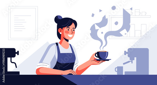 Woman serving hot coffee cup.