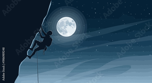 Nighttime Ascent Under Full Moon Sky Climber Silhouette