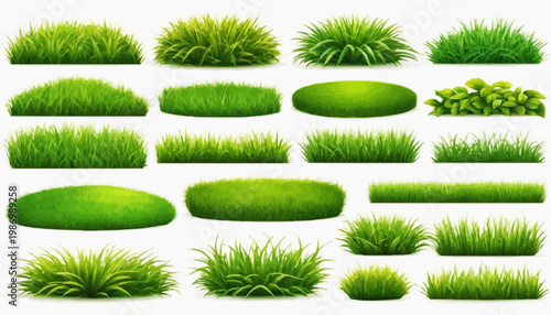 Lush green grass patches vector set, isolated on white background.
 