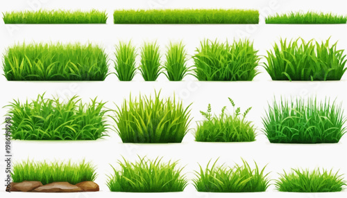 Lush green grass patches vector set, isolated on white background.
 