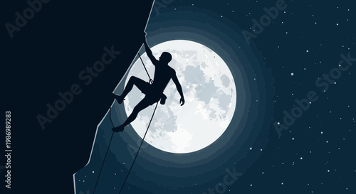 Nighttime Ascent Under The Full Moon And Starry Sky Silhouette