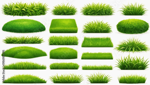 Lush green grass patches vector set, isolated on white background.
 