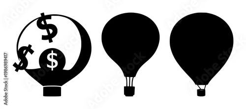 Financial inflation balloon set with a solid black icon on white background featuring inflation symbol, balloon illustration, monetary theme with economy and finance