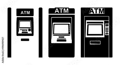 ATM machine set with solid black icon on white background featuring banking, cash withdrawal, electronic terminal with payment and security