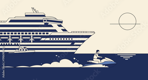 Ocean Adventure With Cruise Ship And Jet Ski Rider At Sea
