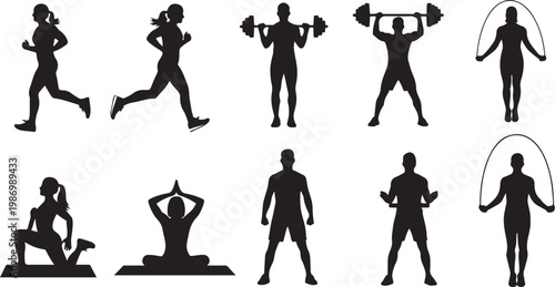 Black silhouette fitness icons, workout vector graphics, exercise people set, athletic illustrations
