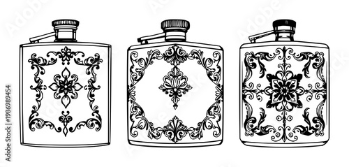 Pocket flask set with intricate black line art on white background featuring ornate silver design, line drawing, vessel with flask and silverware