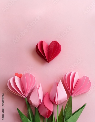 Top view bunch of origami paper pink tulips on pale pink background with heart origami. Mother's day background