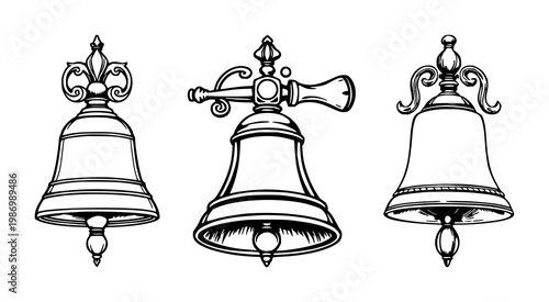 Bell set with black line art illustration on white background featuring ornate brass bell, wooden handle, silver detailing with bell and handle