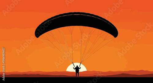 Paraglider Soaring High Above Scenic Sunset Landscape