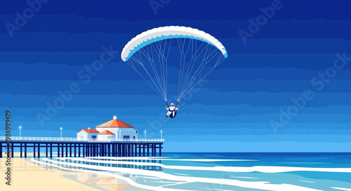 Paraglider Soaring Over a Coastal Pier on a Clear Blue Day