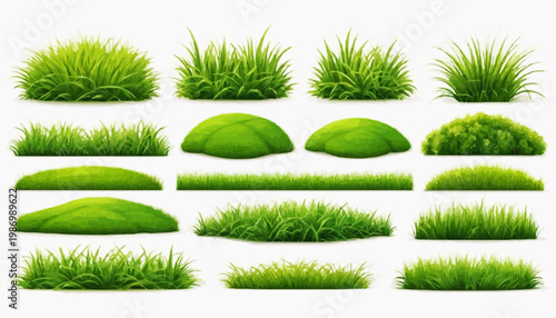 Lush green grass patches vector set, isolated on white background.
 