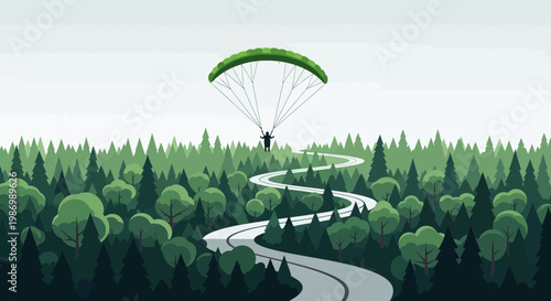 Paraglider Soaring Over a Winding Road Through a Lush Forest Landscape