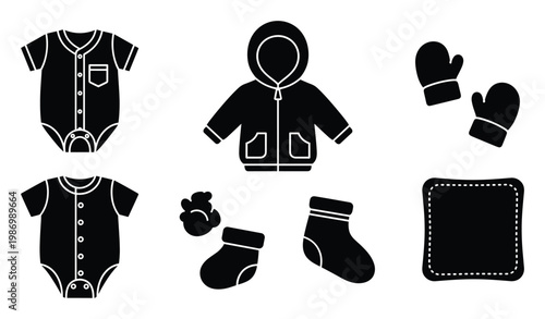 Essential baby clothing and accessory icons for newborn product design and infant care promotions.