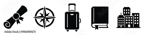 Educational and travel icons representing knowledge exploration and career path for various business and personal development applications