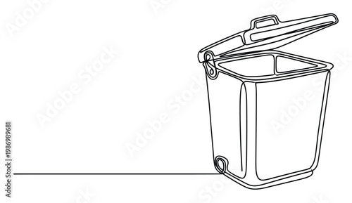 Continuous line drawing of an open trash can or recycling bin symbolizing waste management and environmental responsibility concepts for various media projects