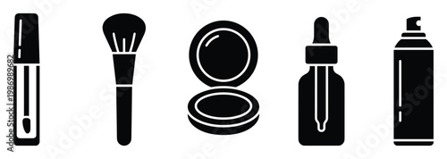 Collection of essential cosmetic products and makeup tools depicted as simple black glyphs perfect for modern branding and digital interface design.