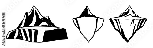 Melting iceberg set with solid black icon on white background featuring global warming, climate change, ice melt, with iconography and environmental awareness