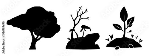 Natural resource management icon set with bold black silhouette on white background featuring conservation, sustainability, environment with simplicity and graphic style