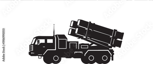 Black truck, missile launcher, vector silhouette, military vehicle, transportation