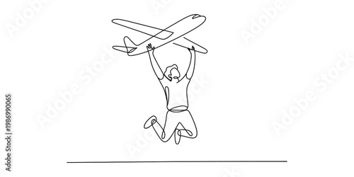 Continuous line drawing of a happy man jumping and holding a toy airplane in the air